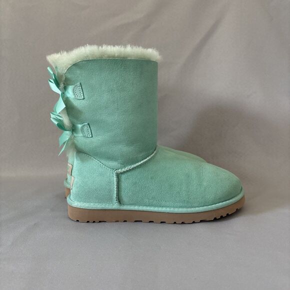 Women's UGG Boots Sz 7 Bailey Bow SFSP Aqua Suede Coquette Light Green Blue - Picture 4 of 16